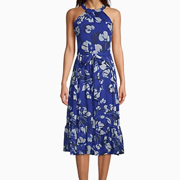 🌸Host Pick🌸 Calvin Klein Blue Floral Halter neck Midi Print Dress - Picture 2 of 14